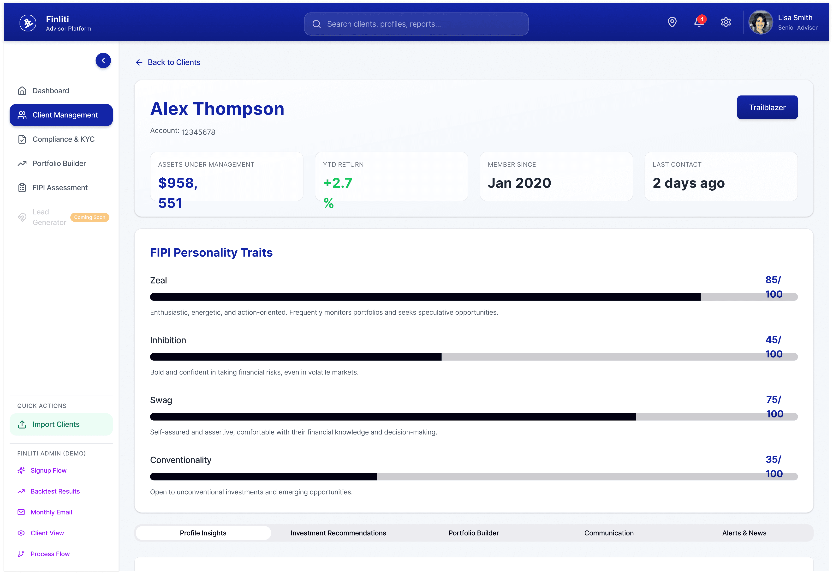 Client profile screen showing behavioral traits and CRM-relevant profile data.