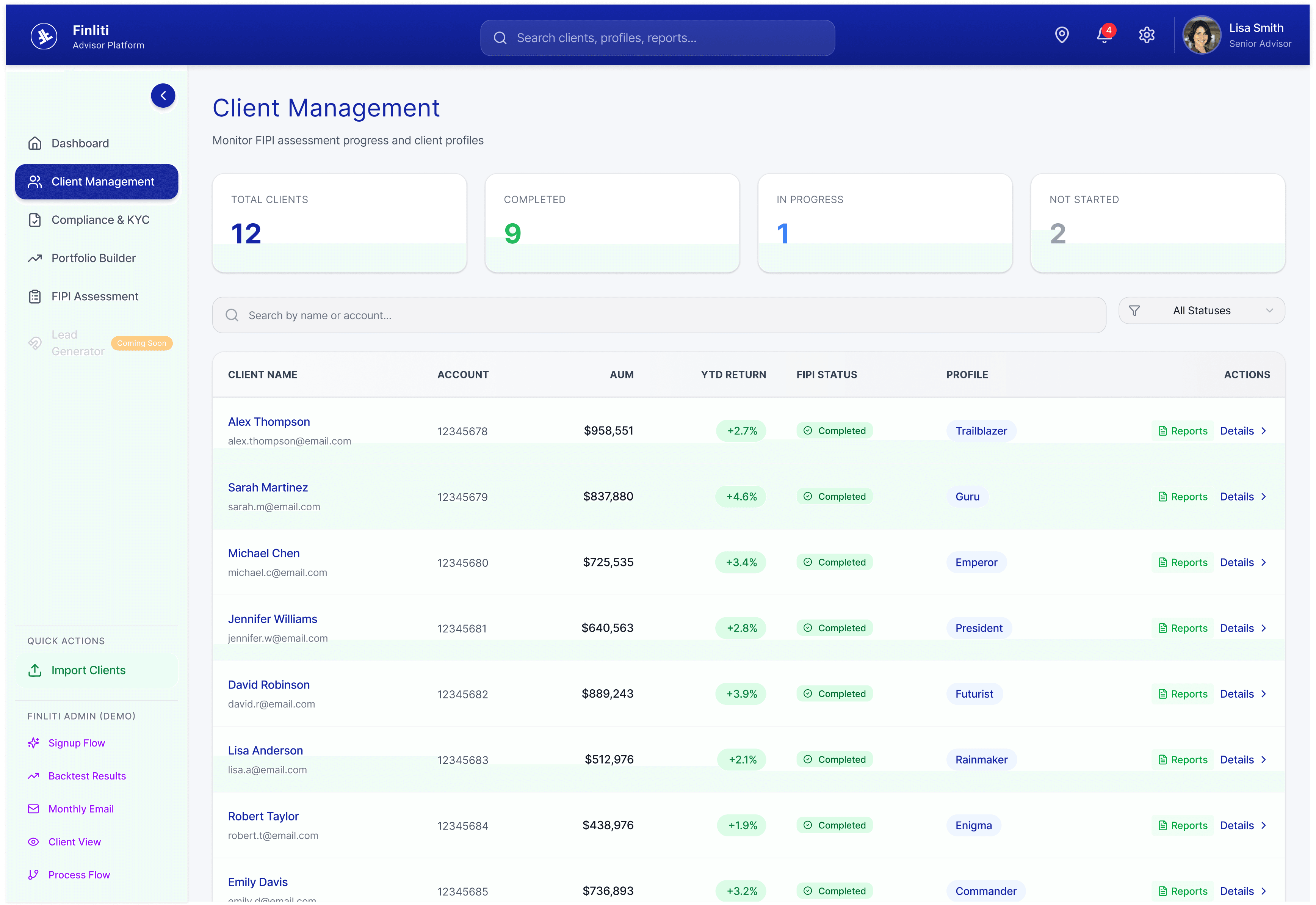Finliti advisor dashboard showing client management inside the platform.