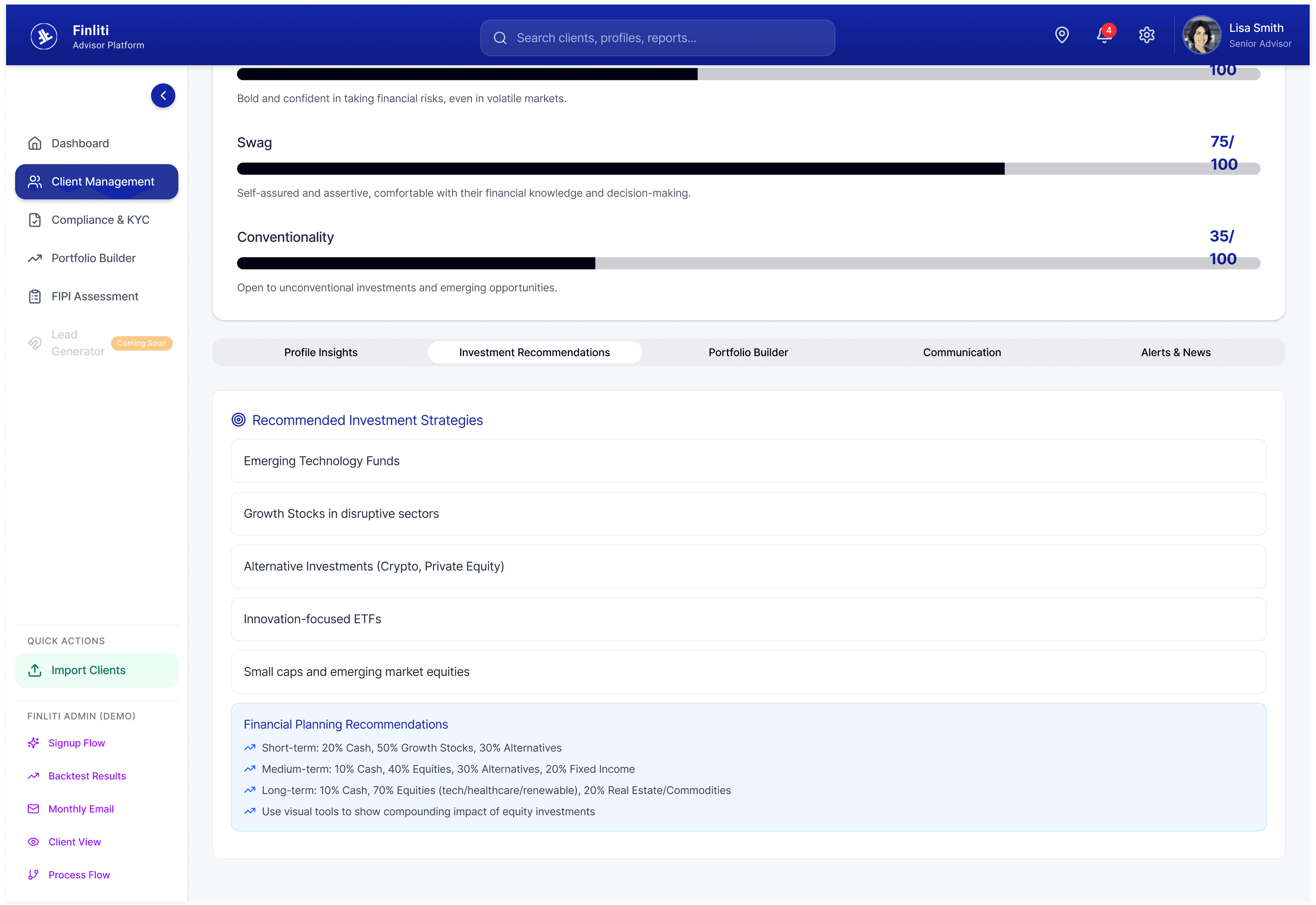 Recommendation and guidance screen inside the advisor platform.